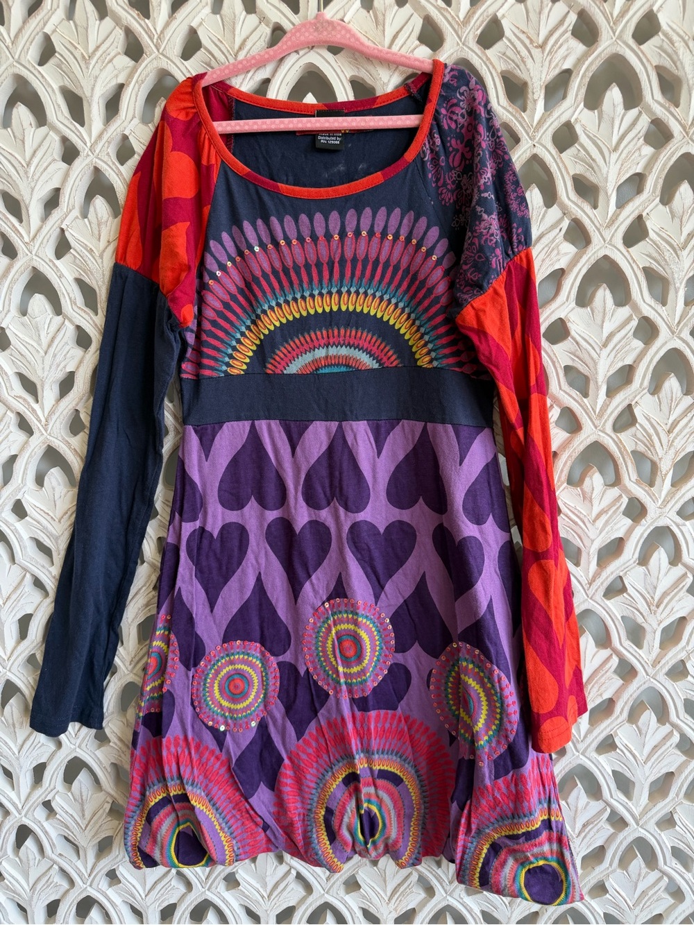 Desigual Girls 9-10 Multicolor Long Sleeve Dress Hearts Rainbow